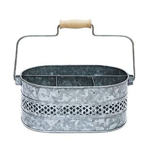 Organizador de utensilios de cocina de metal galvanizado estilo rústico, ovalado, con 4 compartimentos y mango de madera, para cocina y comedor. - Product Image 1