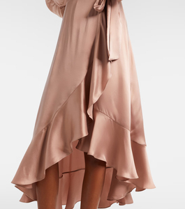 Robe longue décontractée pour femme en crêpe côtelé, style portefeuille, avec fente, motif uni, manches longues, personnalisable pour l'automne - Product Image 4