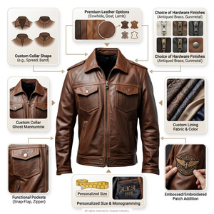 Chaqueta de Cuero Genuino para Hombre, Estilo Casual de Invierno, Color Marrón Vintage, con Cierre, Impermeable, Estilo Motociclista, OEM - Product Image 2