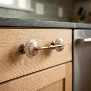 Modern <b>Ceramic</b> <b>Drawer</b> Pull Faceted Aqua Glass Brass Finish Ornate Floral Design Eco-Friendly Durable Multi-Function for Cabinets - Product Image 1