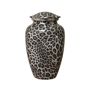 Urna Funeraria de Metal Hecha a Mano con Estampado de Leopardo de las Nieves - Urna Funeraria Decorativa Premium para Adultos - Recipiente Conmemorativo para Cenizas Humanas - Product Image 1