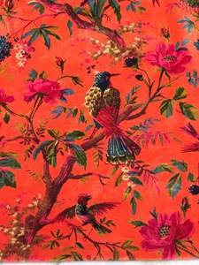 Tela de Terciopelo de Algodón Estampada a Mano: Estampado de Aves de Color Coral, Tela de Terciopelo de Algodón Estampada a Mano para Tapicería y Decoración - Product Image 5