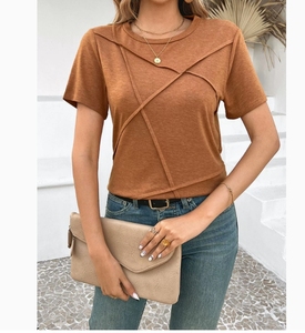 T-shirt pour femme à manches courtes, col rond, couleur unie, en coton tricoté, décontracté, printemps-été, coupe ajustée, design asymétrique - Product Image 4