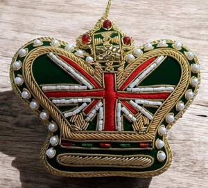 Royal Crown Zari Hanging with Union Jack <b>Embroidery</b> & Pearl Beadwork Metallic Thread <b>Fabric</b> Wall Ornament for <b>UK</b> Souvenir Decor - Product Image 3