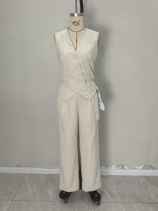 Conjunto Casual de Dos Piezas para Mujer, 100% Algodón, Color Liso, Primavera/Verano, Suéter con Cuello Redondo y Pantalones, Transpirable, de Secado Rápido - Product Image 2