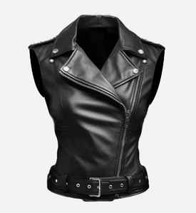 <b>Women's</b> <b>Black</b> Stylish Genuine Leather Skull Pattern Studs Zipper Closure Premium Biker Motorcycle <b>Waistcoat</b> Custom OEM Wholesale - Product Image 4