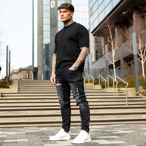 T-shirt noir surdimensionné pour homme, manches courtes, col rond, coupe ample, style streetwear décontracté, t-shirt personnalisé avec logo - Product Image 5