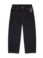 Jean baggy en denim brodé personnalisé pour homme, jean vintage noir délavé, pantalon baggy streetwear avec logo floral brodé