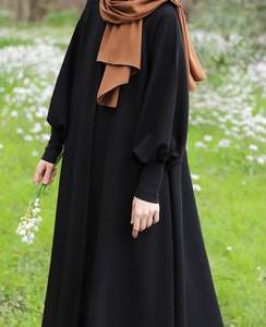 Abaya noire à manches longues et longueur ras du sol pour femme, robe modeste en coton, col montant, couleur unie, coupe ample, tenue quotidienne, style Moyen-Orient - Product Image 4