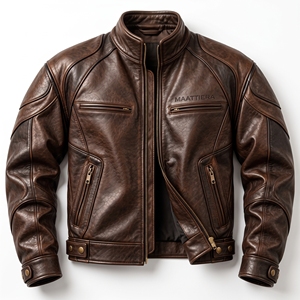 Chaqueta de cuero marrón para hombre, estilo vintage, con cuello alto, cierre de cremallera, estilo motero, corte ajustado. - Product Image 3