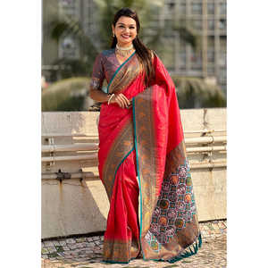 ผ้าซาเร่เนื้อแพทอลาทอจากไหมแท้สีชมพูบริสุทธิ์ ยี่ห้ออีลิท วีฟส์ พร้อมลายทอแบบตัดกัน น้ำหนัก 0.65 กรัม เหมาะสำหรับชุดราตรี - Product Image 5