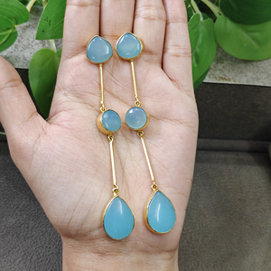 Natural blue chalcedony dangle drop <b>earring</b> brass metal 18k gold plating long hanging dangle <b>earring</b> for women - Product Image 3