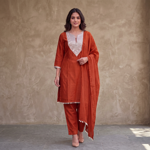 Ensemble Kurti, pantalon et dupatta en soie couleur rouille pour femme, longueur genou, style traditionnel indien et pakistanais, décontracté, toutes saisons, coupe ample - Product Image 5