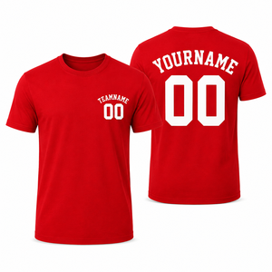 T-shirt rouge personnalisé pour homme avec impression nom et numéro, manches courtes, col rond, style jersey décontracté, coupe classique, 100 % coton, logo avant - Product Image 1