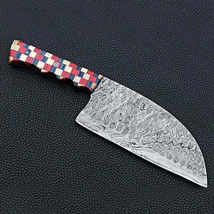 Couteau de chef serbe artisanal en acier Damas avec manche en bois multicolore, couteau professionnel pour boucher et découpe de viande - Product Image 6