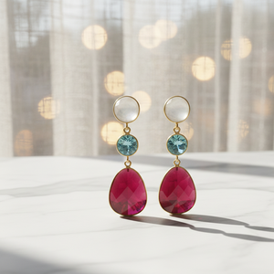 Boucles d'oreilles pendantes en argent 925 plaqué or 18 carats avec pierres fantaisie rondes blanches et bleues arc-en-ciel, bijoux faits à la main en gros - Product Image 1