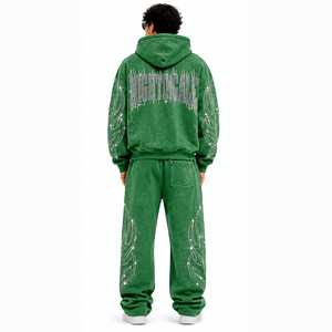Conjunto de Sudadera con Capucha y Pantalones de Chándal de Algodón Personalizado por el Fabricante, con Efecto Desgastado por el Sol, Lavado Ácido y Pedrería, Chándal de Cristal - Product Image 3