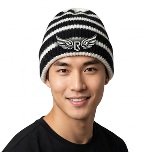 Unisex Striped Knit Beanie Hat 100% <b>Acrylic</b> Winter Warm Casual Cap Black White Color <b>Block</b> Adult - Product Image 3