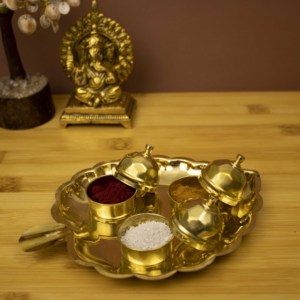 Brass Leaf Design Aarti <b>Plate</b> Set with Three Kumkum Containers for Pooja, Temple Rituals and Festive Gifting - Product Image 4