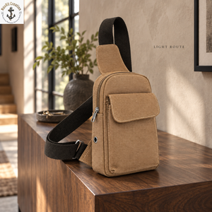 Sac de poitrine compact en toile avec bandoulière rembourrée et poche avant |   Sac bandoulière marron clair avec fermeture éclair pour un usage quotidien - Product Image 2
