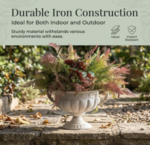 Stone Finish Iron Flower Pot iron urn planter, white faux stone finish. Weather-resistant Indoor/Outdoor - Product Image 4