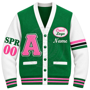 Cardigans Verts Personnalisés Alpha Sorority avec Broderie Grecque Blanche et Rose, Col en V, Tricotés, Style Preppy pour Femme, Logo Écusson Lettres Universitaire - Product Image 1