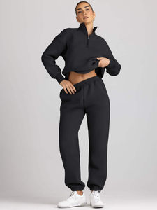 Ensemble de survêtement tendance pour femme : sweat à capuche uni à manches longues avec cordon de serrage et pantalon de jogging en polaire imprimé pour l'hiver - Product Image 2