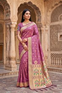 Sari en soie Banarasi rose brodé, robe traditionnelle indienne, tenue de mariage et de festival - Product Image 4