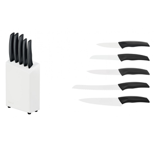 Ensemble de couteaux de cuisine modernes en acier inoxydable 5 pièces avec manches ergonomiques noirs, bloc de rangement blanc, lames de coupe aiguisées - Product Image 1