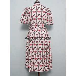 Robe midi à imprimé floral 100 % coton pour femme, très vendue, écologique, lavable, respirante, col en V, coupe trapèze, idéale pour le bureau - Product Image 6