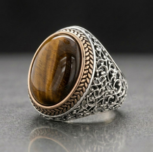 925 Sterling Silver <b>Two</b> Tone Plated Vintage Tiger Eye 10x14mm Oval Shape Smooth Gemstone Men's <b>Ring</b> Bezel Setting Gift For Him - Product Image 2