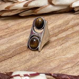 Tiger Eye Wide <b>Statement</b> <b>Ring</b> Men Silver Plated Brass <b>Ring</b> Jewelry Bold Geometric Double Stone Design Wholesale - Product Image 1