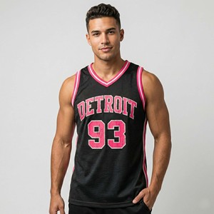 เสื้อบาสเก็ตบอลวินเทจเรโทรผู้ชายแบบสั่งทำพิเศษ สีดำซีดแต่งขอบสีชมพูนีออน ผ้าตาข่ายระบายอากาศ ชุดทีมเปล่า ขายส่ง - Product Image 1