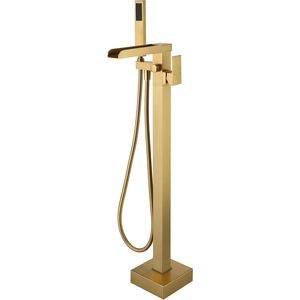 Rubinetto a cascata autoportante per vasca da bagno, montaggio a pavimento, oro spazzolato, con doccetta - Product Image 1