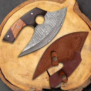 Viking Art CustomHandmade Damascus Steel Chef Ullu <b>Knife</b> Wood Handle Leather Sheath 6-7.9in Blade Modern Style Ambidextrous - Product Image 1