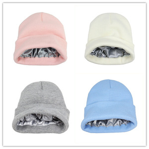 Bonnet unisexe noir en tricot doublé satin, avec revers, pour l'hiver, en acrylique, style décontracté, 56-58CM, pour adultes, 2027 - Product Image 6