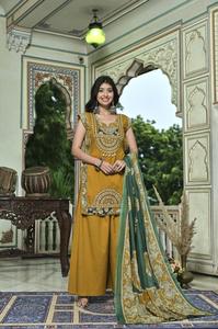 Kurta en coton brodé couleur moutarde pour femme avec salwar et dupatta de style traditionnel, coupe ample, tenue décontractée, Inde, Pakistan - Product Image 3