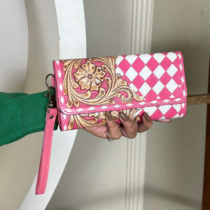 Portefeuille long en cuir artisanal à motifs floraux et à carreaux, rose mignon, sécurisé RFID, pour espèces, cartes et pièces de monnaie, pochette pour femme 2026 - Product Image 4