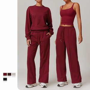 Conjunto de Yoga de 2 Piezas para Mujer, Color Sólido, Sudadera con Cuello Redondo, Pantalones Largos con Cordón Ajustable, Transpirable, Ropa Deportiva - Product Image 2