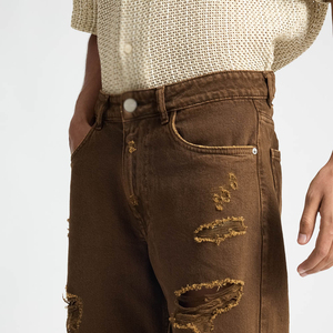 Shorts en jean décontractés taille haute pour hommes, style déchiré, délavage clair, respirants, coupe droite, nouvelle mode, vente en gros - Product Image 3