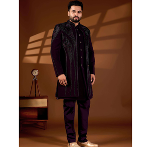 Conjunto Indo-Occidental de Microterciopelo Premium para Hombre, Chaqueta de Novio de Lujo con Bordado Barroco Multicolor y Pedrería Hecha a Mano - Product Image 1