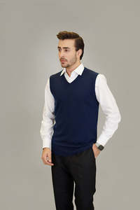 Gilet sans manches en tricot bleu marine pour homme, couleur unie, col en V, style automne, coupe classique, 100% acrylique - Product Image 4