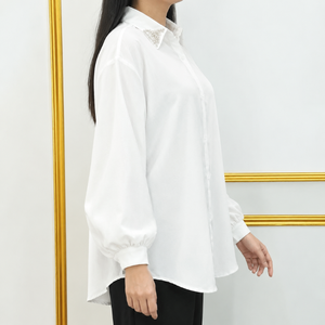 Womens White <b>Long</b> Sleeve Shirt 100% Cotton Simple Casual <b>Top</b> Loose Fit Button-Front for Summer Autumn Everyday Wear - Product Image 3
