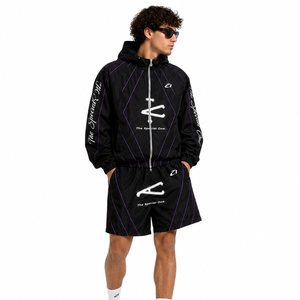 Ensemble court coupe-vent réfléchissant noir tendance personnalisé pour hommes, style streetwear Y2K, marque privée, ensemble veste légère d'été avec sweats à capuche - Product Image 4