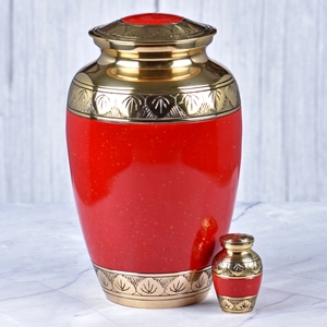 <b>Red</b> and Gold Leaf pattern Brass Adult Cremation Urn with glossy surface for Human Ashes, Funeral Memorial and Burial Urn - Product Image 1