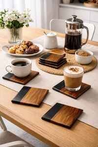 Posavasos de Madera de Nogal con Resina Epoxi, Acabado Sellador de Resina Negra y Madera Natural para Resistencia al Agua y Fácil Limpieza - Product Image 1