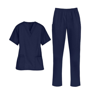 Ensemble de blouses médicales bleu marine pour femmes, haut à col en V avec poches et pantalon à taille élastique, uniformes d'hôpital, tissu tissé en coton et polyester - Product Image 1
