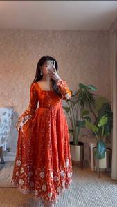 Ensemble Anarkali Salwar Kameez brodé orange avec dupatta en georgette épaisse, tenue traditionnelle indienne et pakistanaise pour mariage et fête - Product Image 2