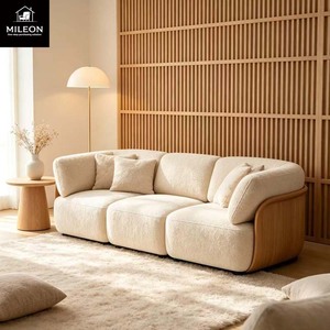 <span class=keywords><strong>Canapé</strong></span> modulaire <span class=keywords><strong>3</strong></span> <span class=keywords><strong>places</strong></span> en tissu Teddy crème, style minimaliste, avec panneau latéral en bois massif pour salon résidentiel - Product Image 2