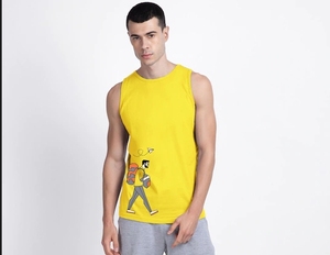 Camiseta sin Mangas Amarilla para Hombre, Cuello Redondo, Estampado de Dibujos Animados, Informal, Tejida, Transpirable, de Algodón - Product Image 1